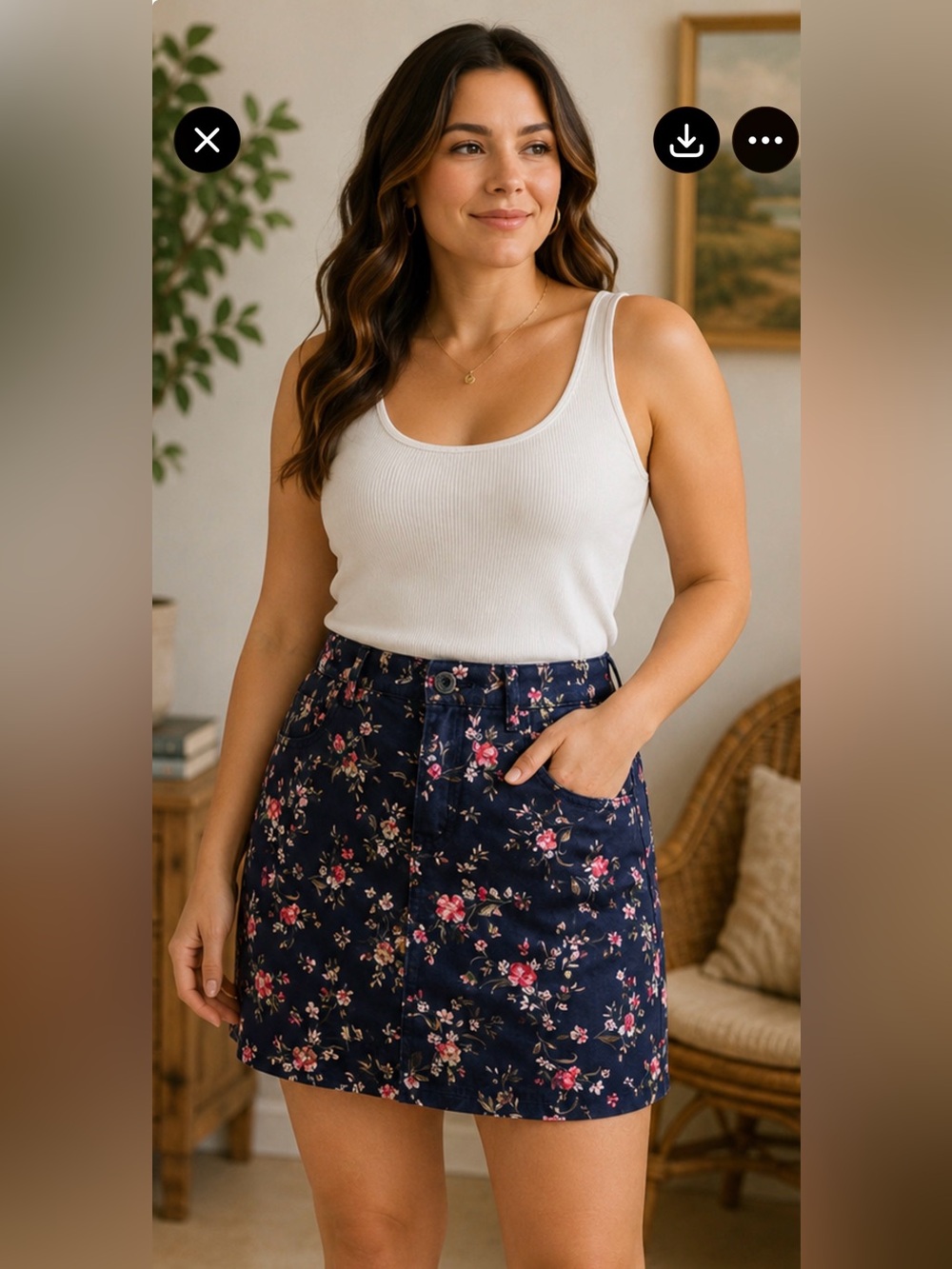 Karen Scott Navy Floral Mini Skirt Size 16 Cottagecore Coastal Casual Skirt